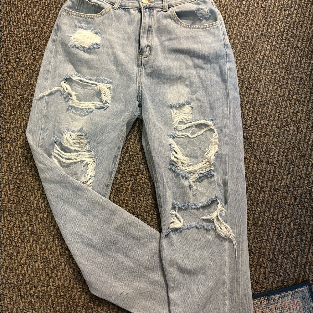 SHEIN Light Blue Distressed Straight Leg Jeans